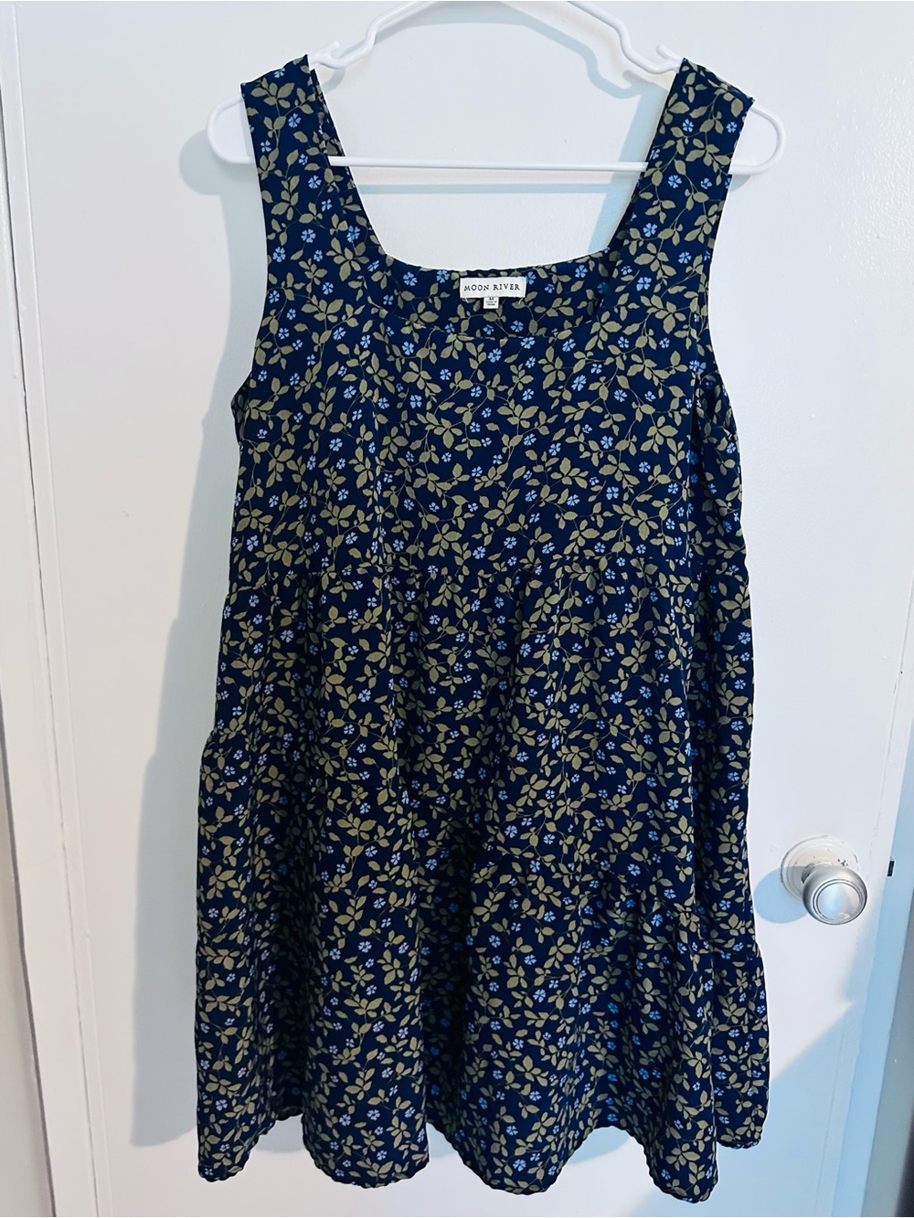 Moon River Navy Green Leaf Print Tiered Girls Dress